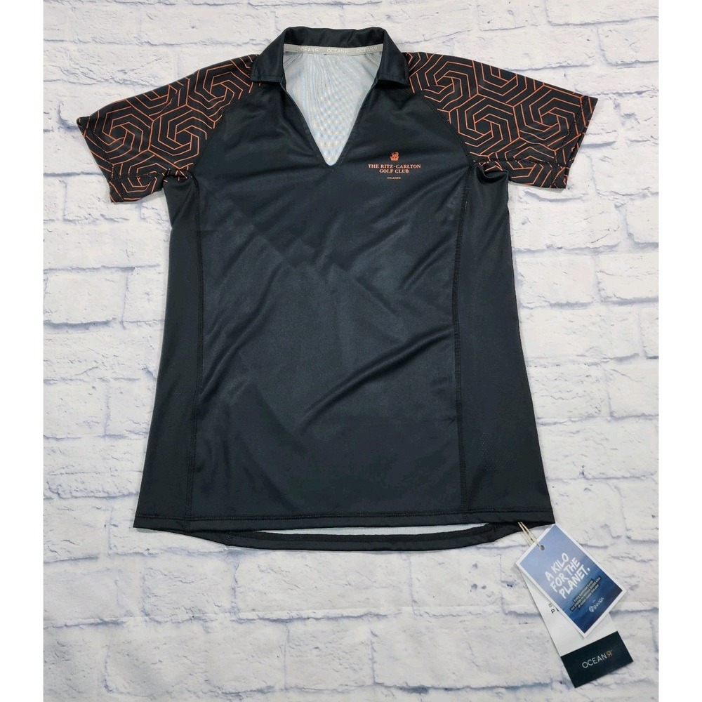OceanR WOMENS SIZE M Polo Shirt Black Orange No Button RITZ CARLTON GOLF CLUB